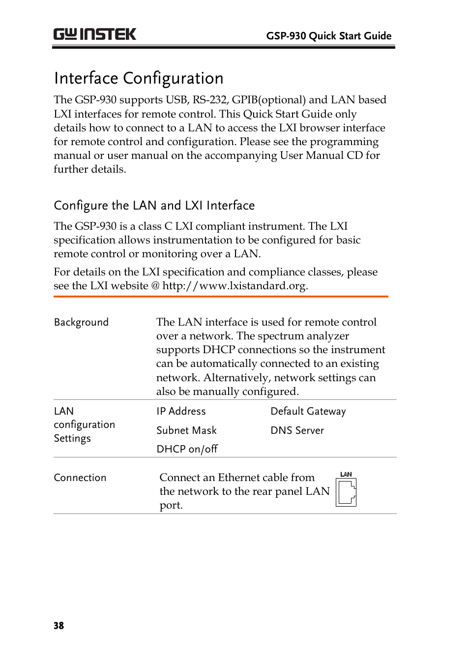 Interface configuration, Configure the lan and lxi interface | GW Instek GSP-930 Quick start guide User Manual | Page 40 / 59