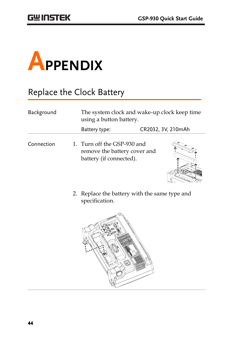 Appendix, Replace the clock battery, Ppendix | GW Instek GSP-930 Quick start guide User Manual | Page 46 / 59