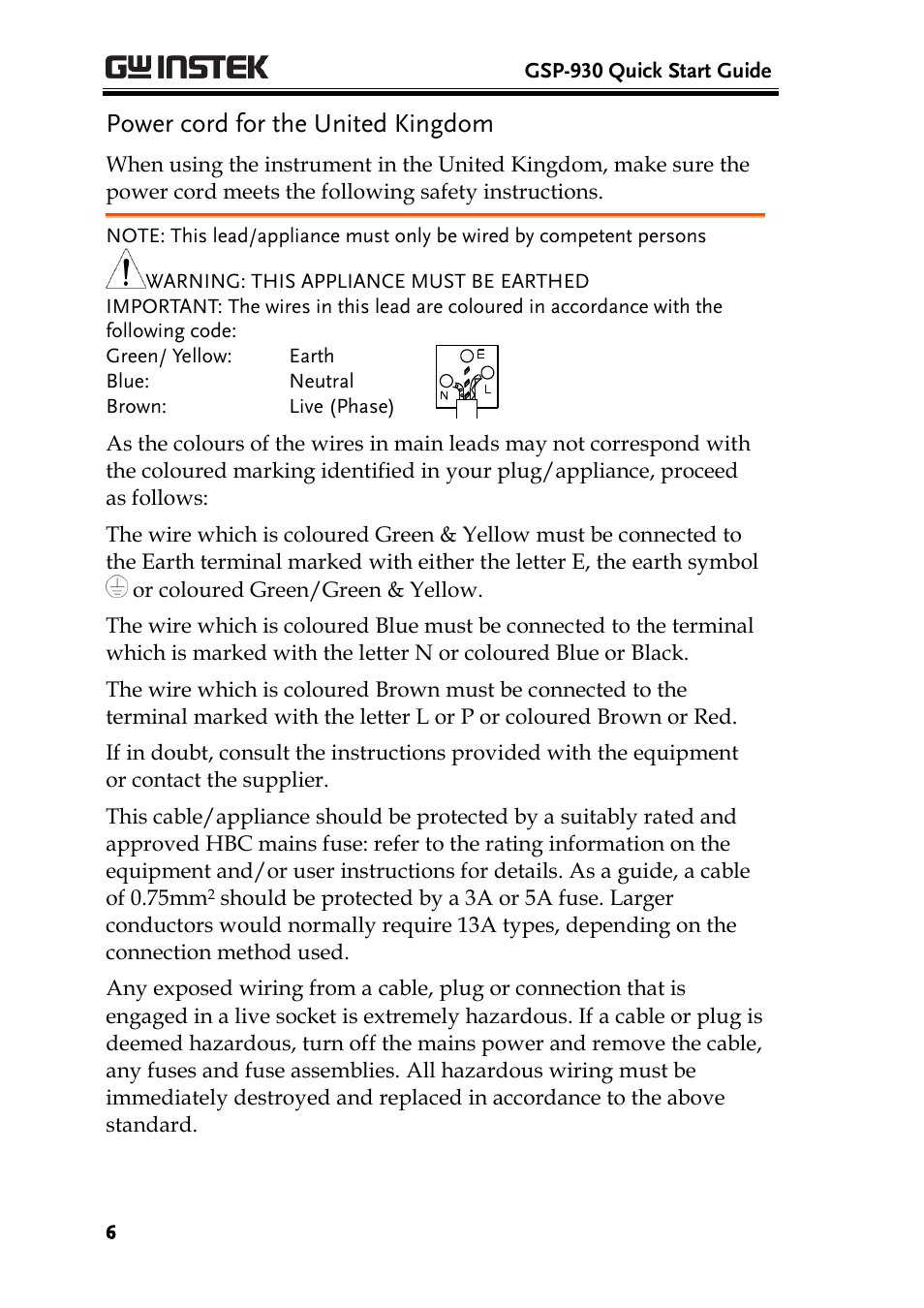 Power cord for the united kingdom | GW Instek GSP-930 Quick start guide User Manual | Page 8 / 59