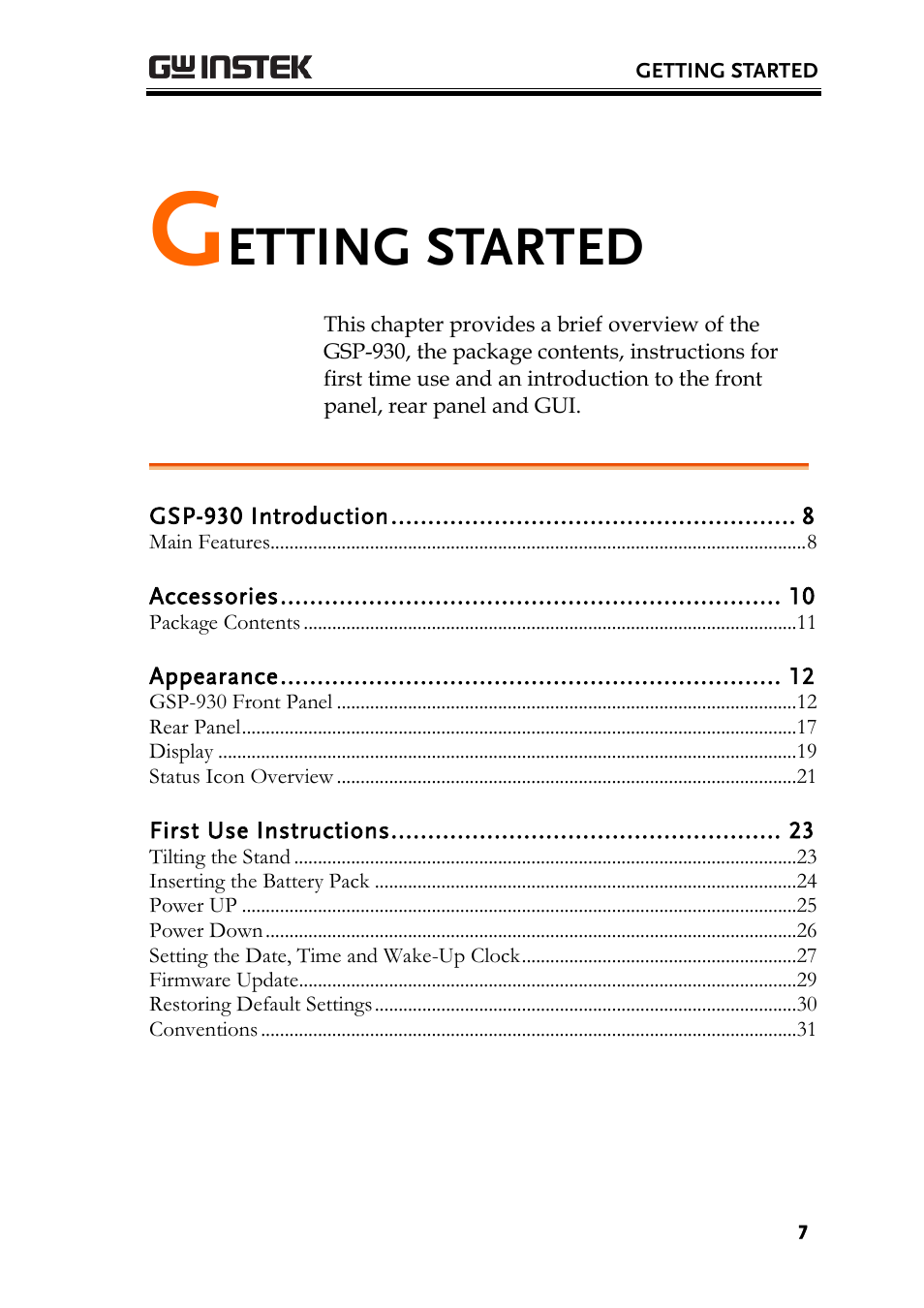 Getting started, Etting started | GW Instek GSP-930 Quick start guide User Manual | Page 9 / 59