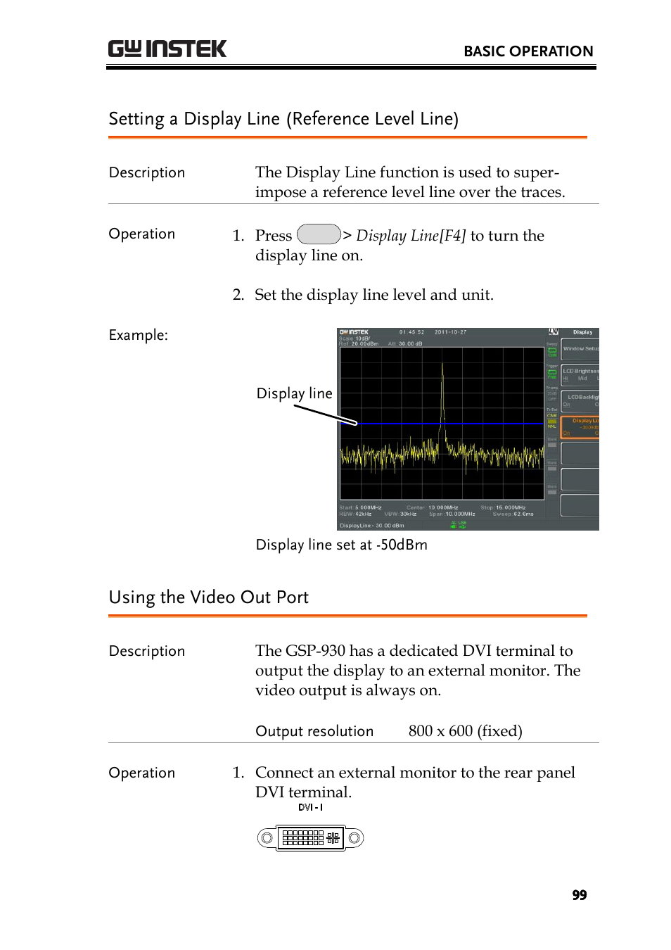 Setting a display line (reference level line), Using the video out port | GW Instek GSP-930 User Manual User Manual | Page 101 / 255