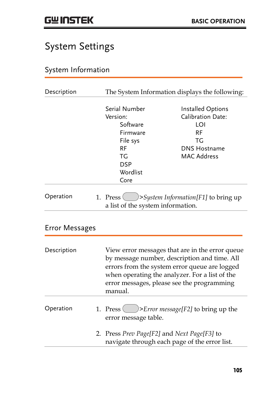 System settings, System information, Error messages | GW Instek GSP-930 User Manual User Manual | Page 107 / 255