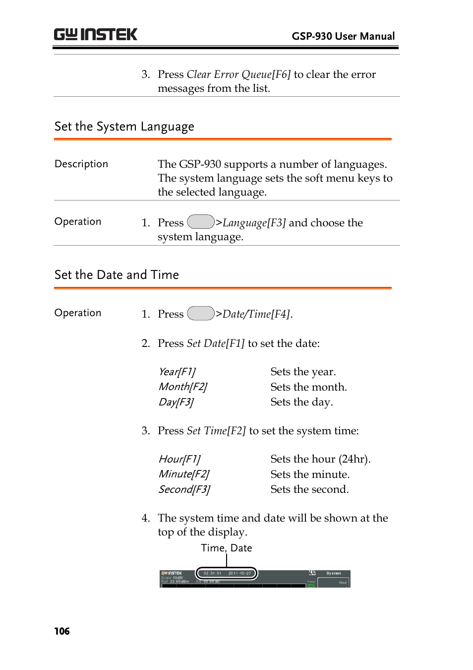 Set the system language, Set the date and time, Ge 106 | GW Instek GSP-930 User Manual User Manual | Page 108 / 255