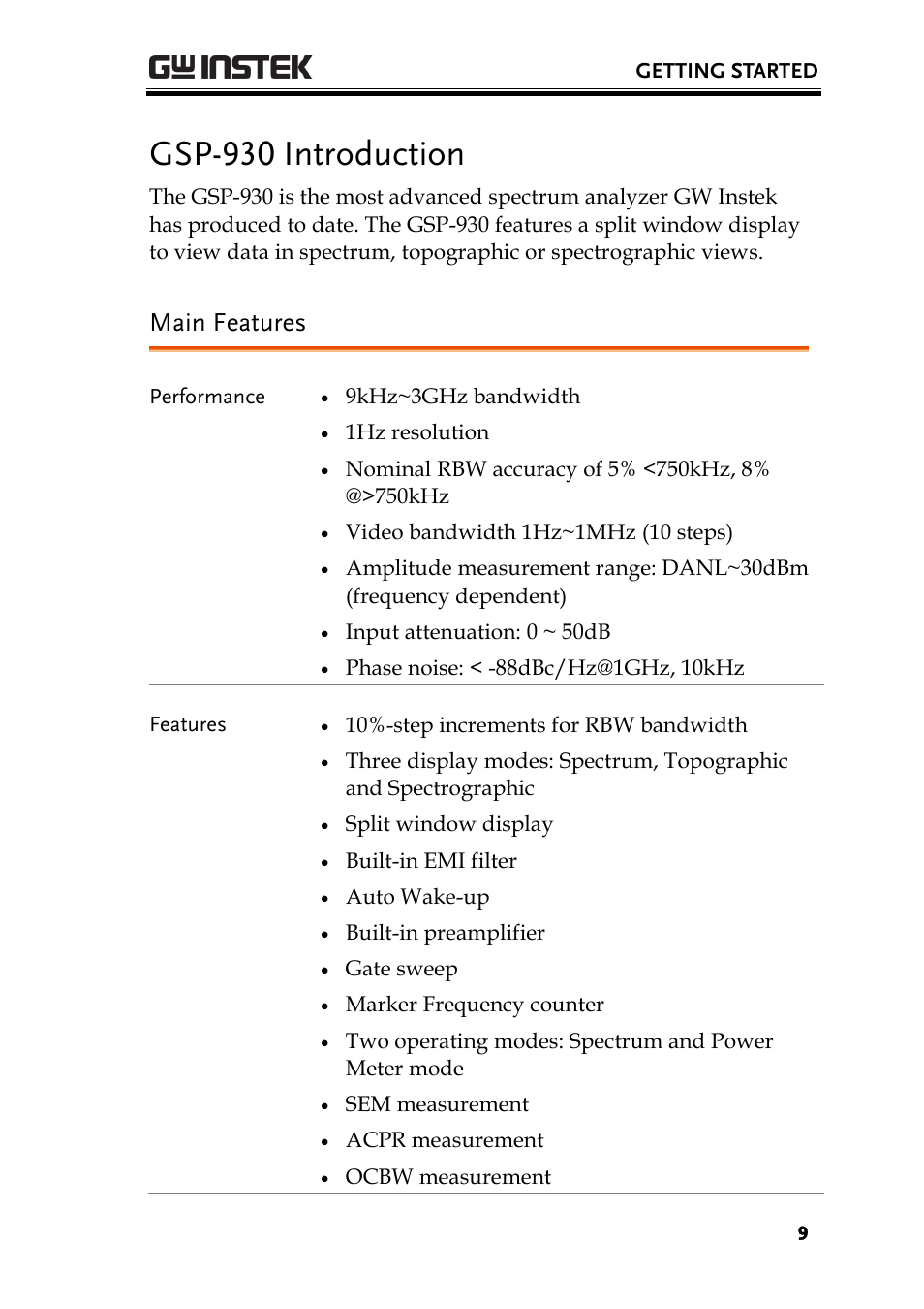 Gsp-930 introduction, Main features | GW Instek GSP-930 User Manual User Manual | Page 11 / 255