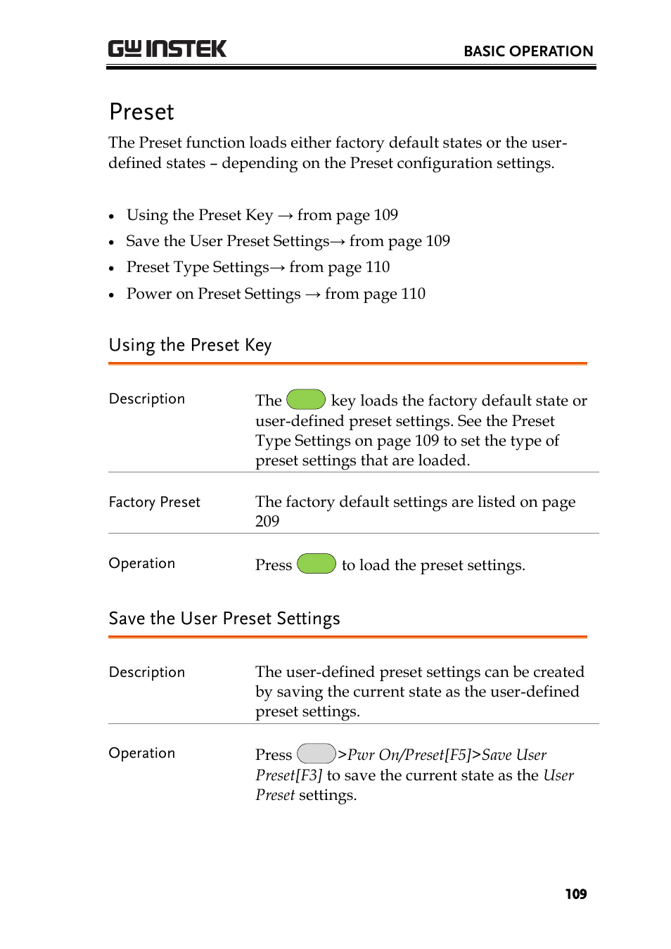 Preset, Using the preset key, Save the user preset settings | GW Instek GSP-930 User Manual User Manual | Page 111 / 255