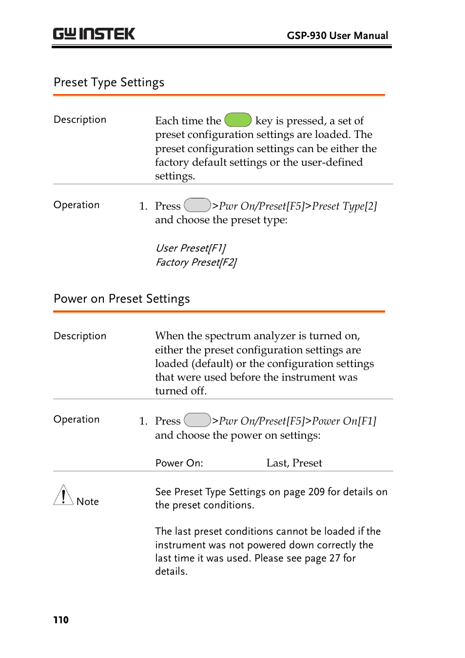 Preset type settings, Power on preset settings, Ge 110 | GW Instek GSP-930 User Manual User Manual | Page 112 / 255
