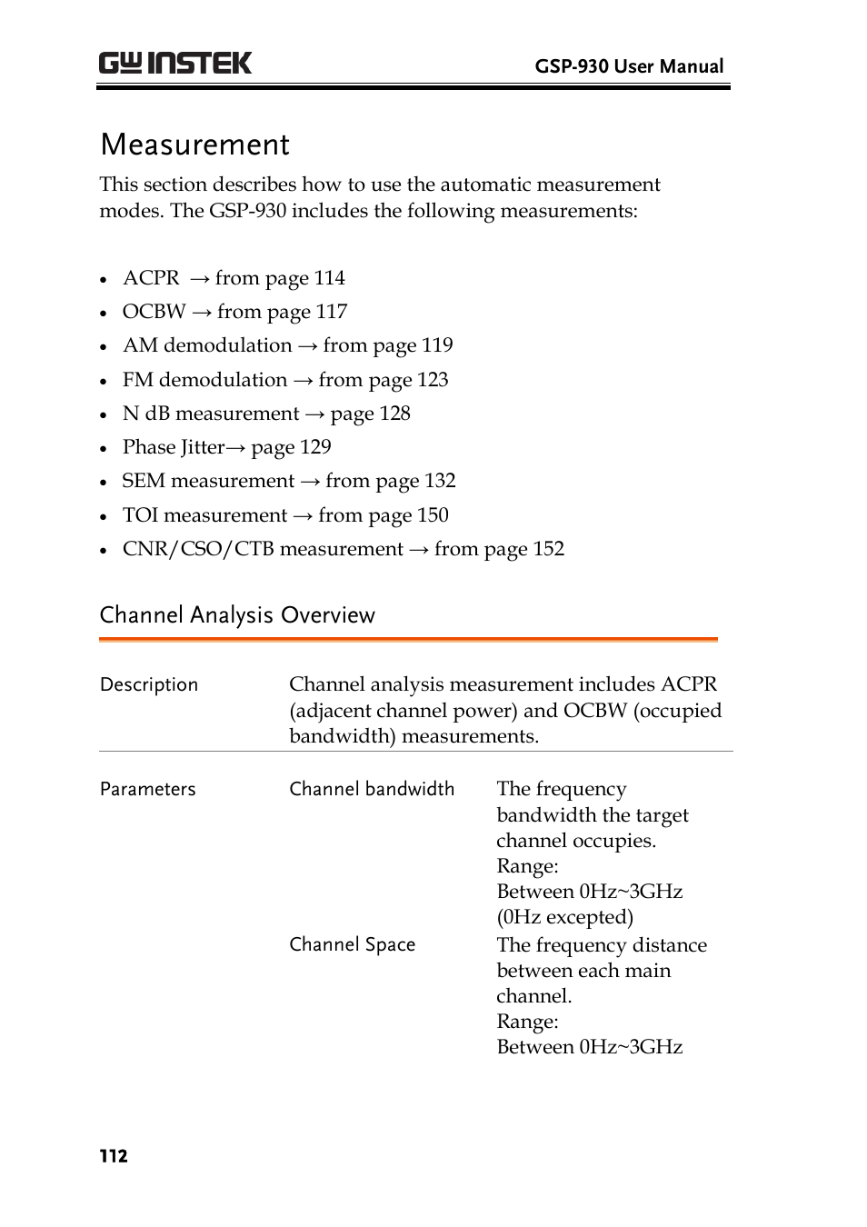 Measurement, Channel analysis overview | GW Instek GSP-930 User Manual User Manual | Page 114 / 255