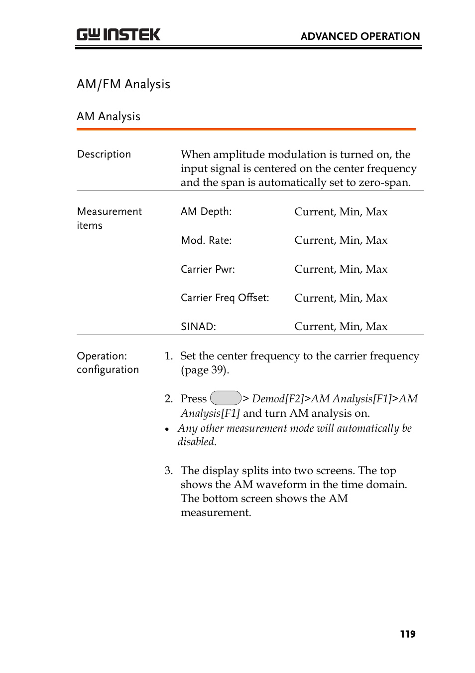 Am/fm analysis, Am analysis, Ge 119 | GW Instek GSP-930 User Manual User Manual | Page 121 / 255