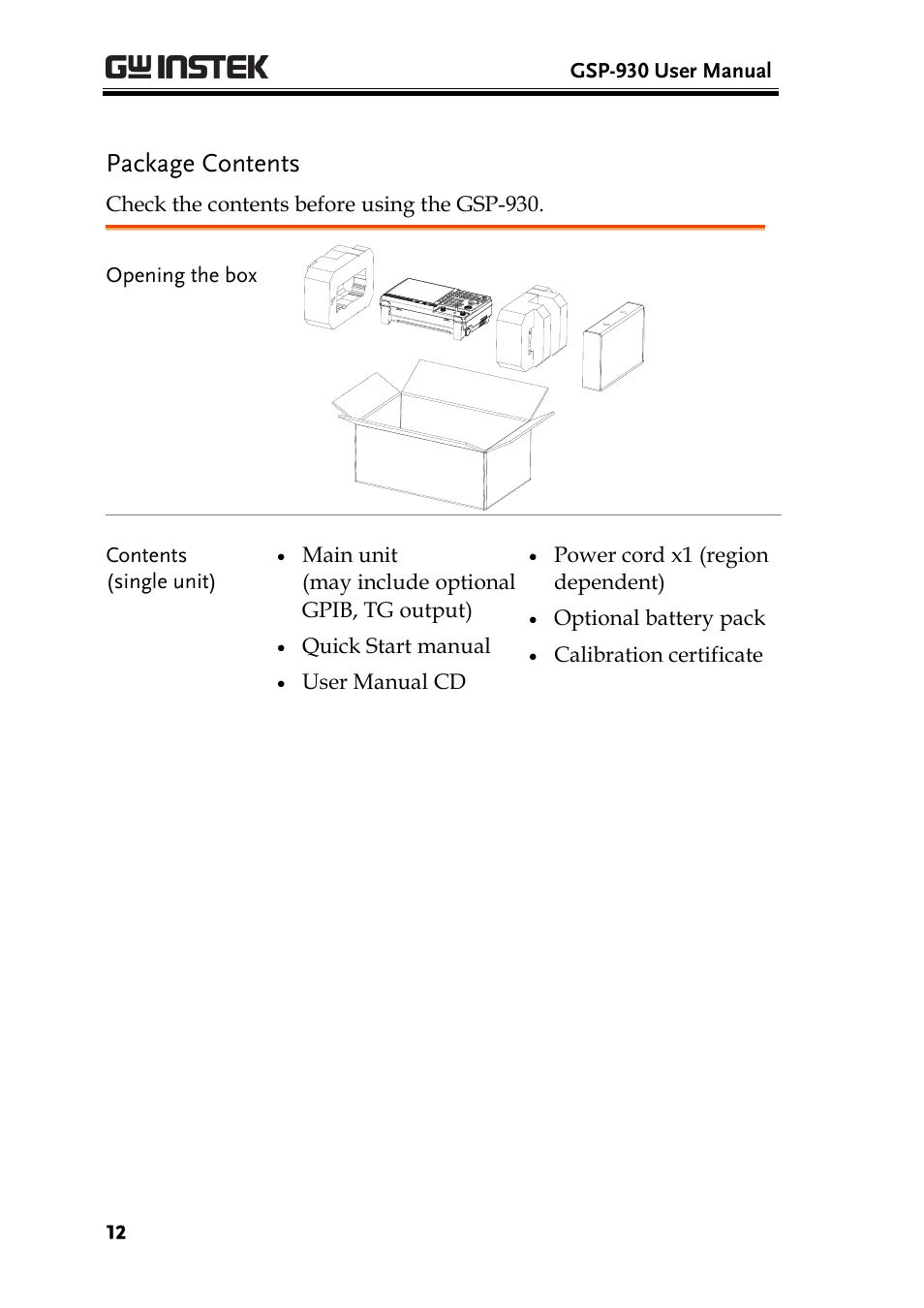 Package contents | GW Instek GSP-930 User Manual User Manual | Page 14 / 255