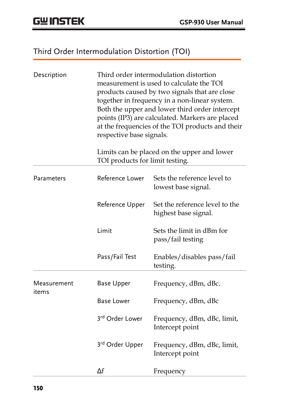 Third order intermodulation distortion (toi), Ge 150 | GW Instek GSP-930 User Manual User Manual | Page 152 / 255