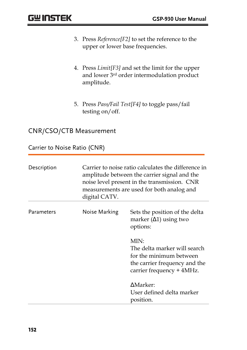 Cnr/cso/ctb measurement, Carrier to noise ratio (cnr), Ge 152 | GW Instek GSP-930 User Manual User Manual | Page 154 / 255