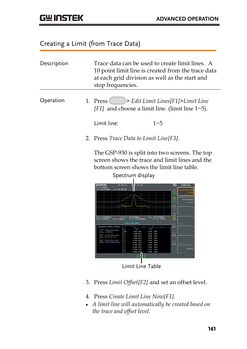 Creating a limit (from trace data), Ge 161 | GW Instek GSP-930 User Manual User Manual | Page 163 / 255