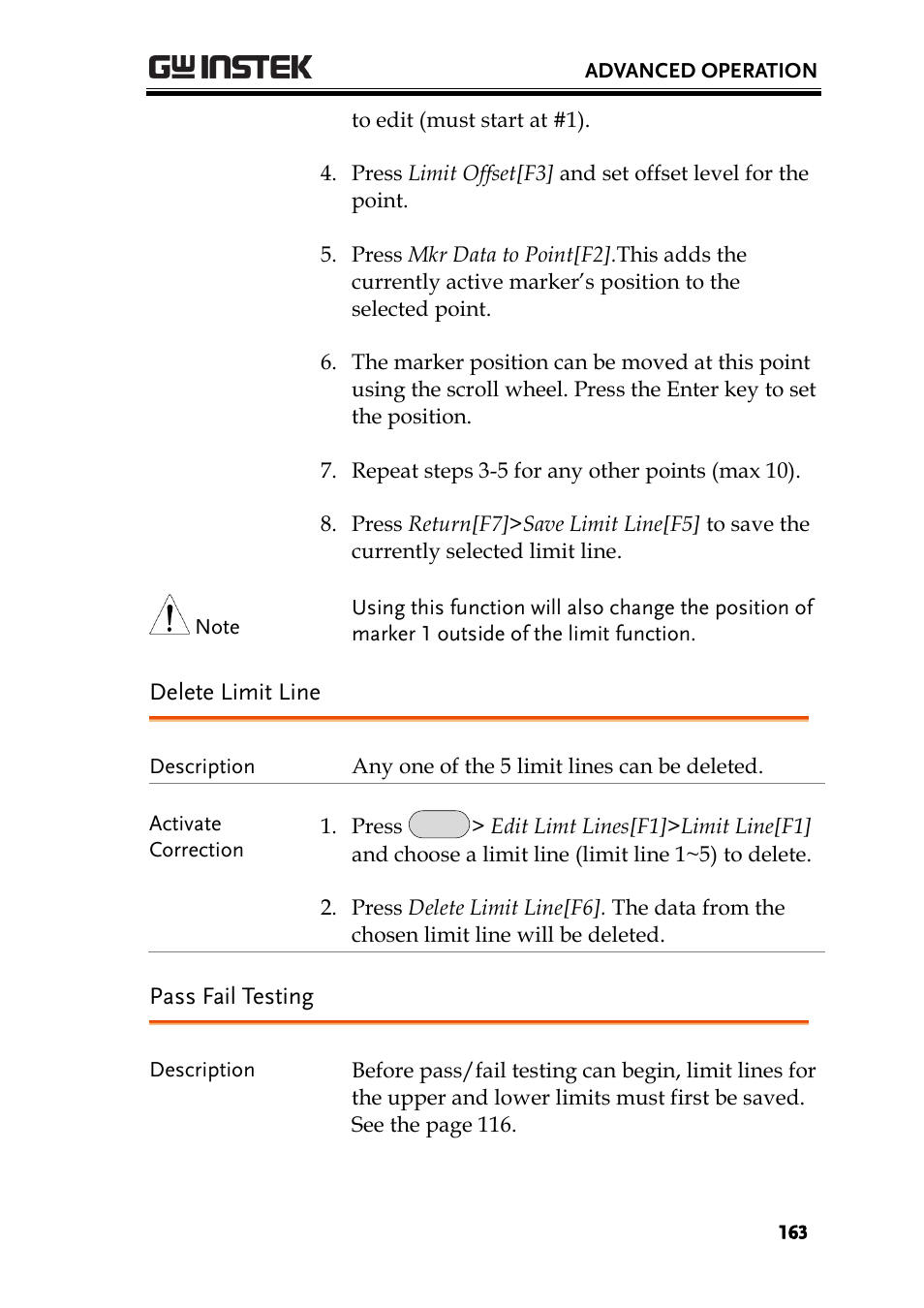 Delete limit line, Pass fail testing, Ge 163 | GW Instek GSP-930 User Manual User Manual | Page 165 / 255