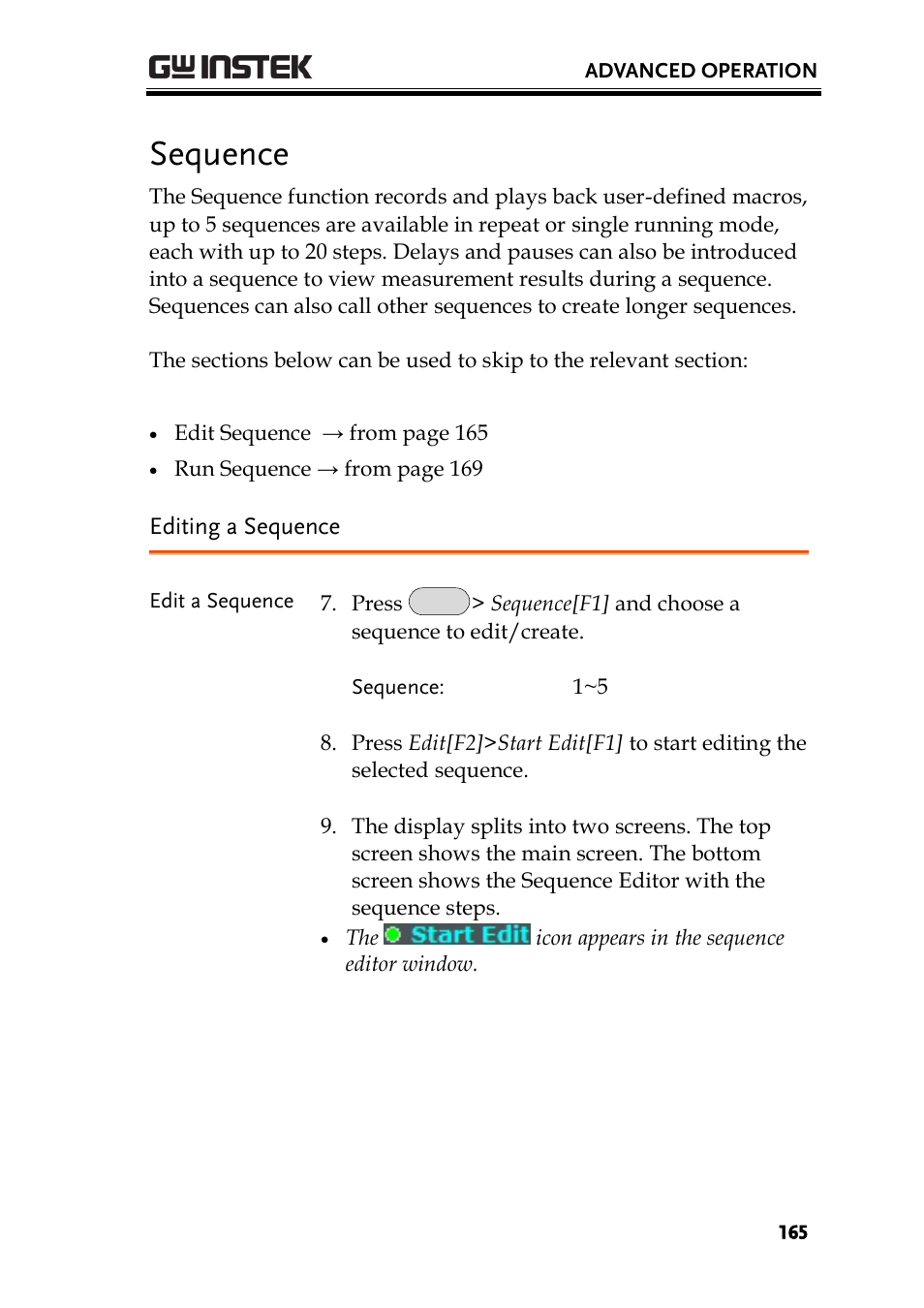 Sequence, Editing a sequence | GW Instek GSP-930 User Manual User Manual | Page 167 / 255