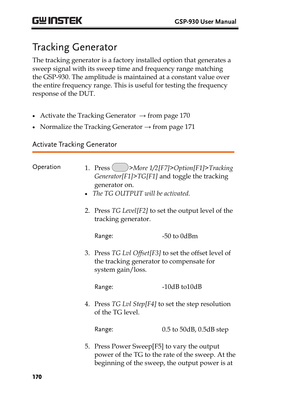 Tracking generator, Activate tracking generator | GW Instek GSP-930 User Manual User Manual | Page 172 / 255