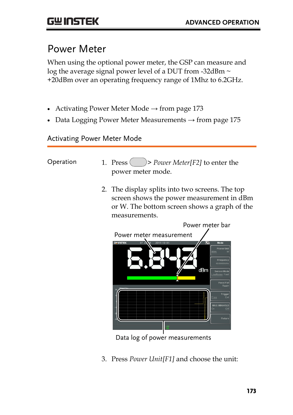 Power meter, Activating power meter mode | GW Instek GSP-930 User Manual User Manual | Page 175 / 255
