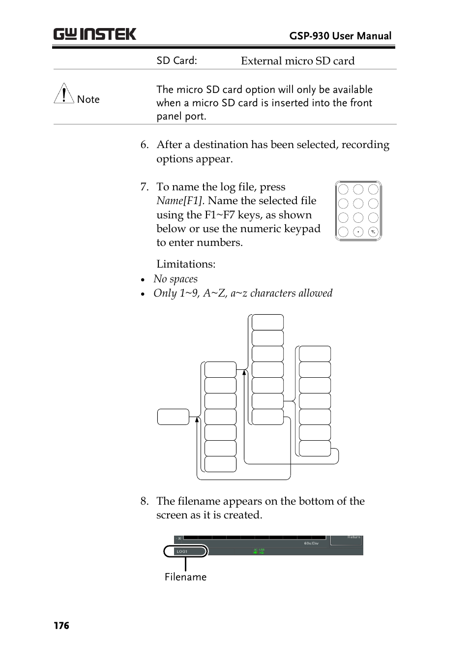 Gsp-930 user manual, Limitations, No spaces | Only 1~9, a~z, a~z characters allowed | GW Instek GSP-930 User Manual User Manual | Page 178 / 255
