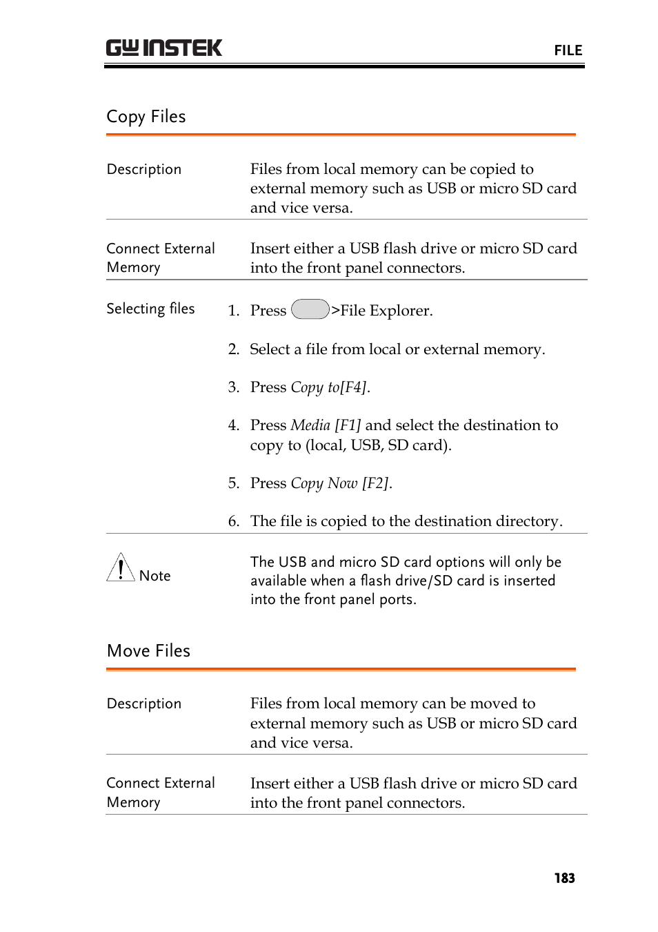 Copy files, Move files, Ge 183 | GW Instek GSP-930 User Manual User Manual | Page 185 / 255