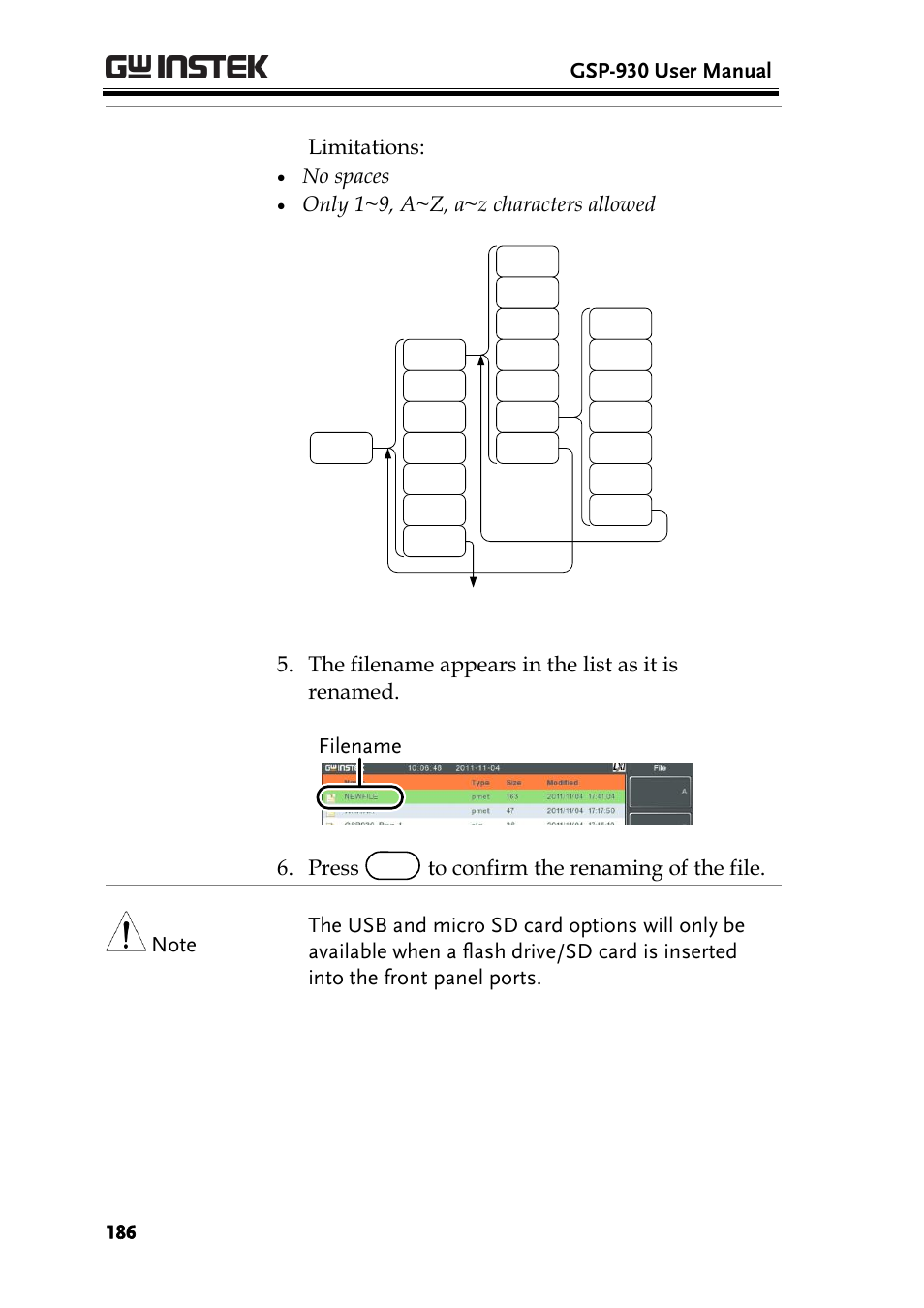 Gsp-930 user manual, Limitations, No spaces | Only 1~9, a~z, a~z characters allowed | GW Instek GSP-930 User Manual User Manual | Page 188 / 255