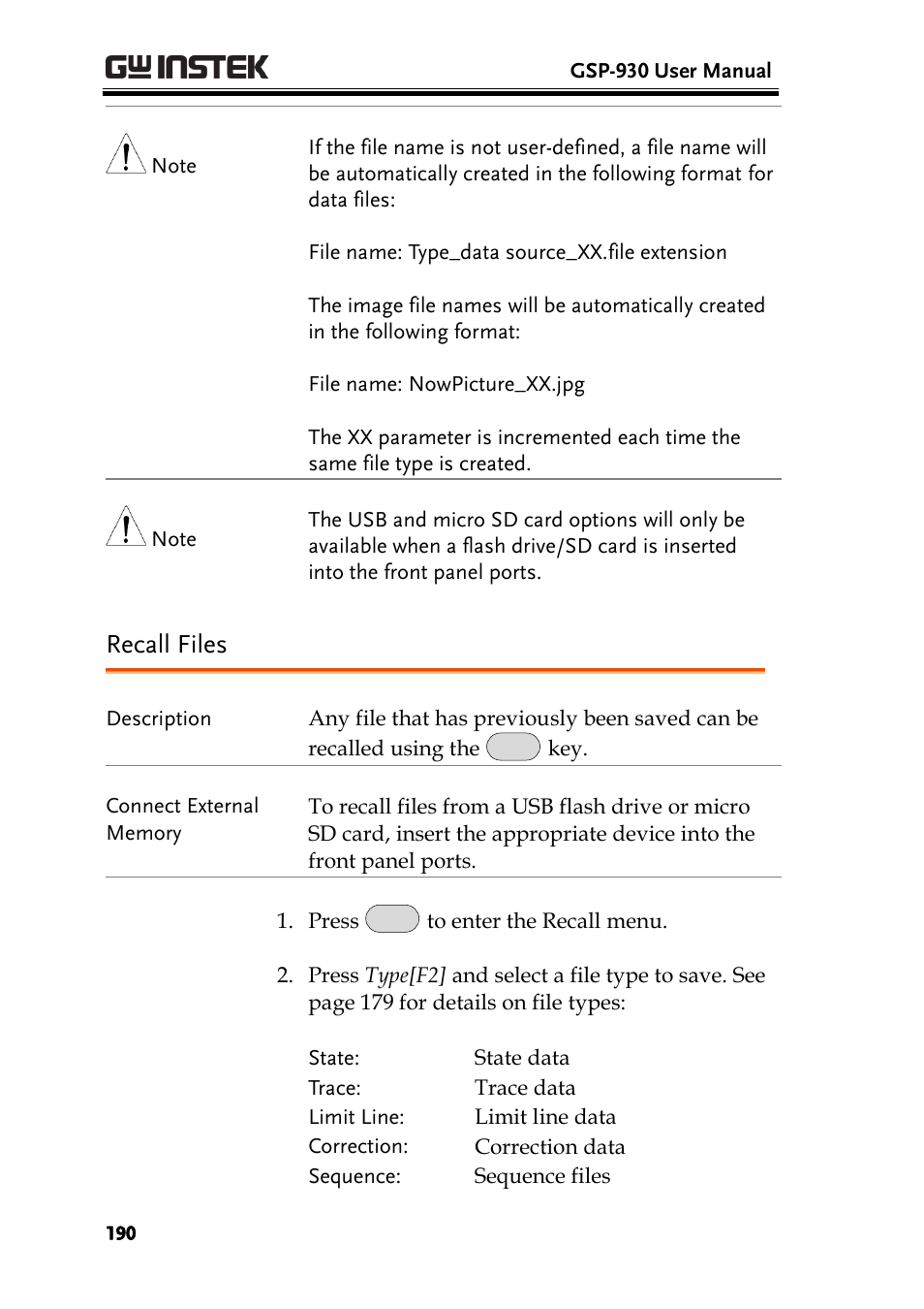 Recall files, Ge 190 | GW Instek GSP-930 User Manual User Manual | Page 192 / 255