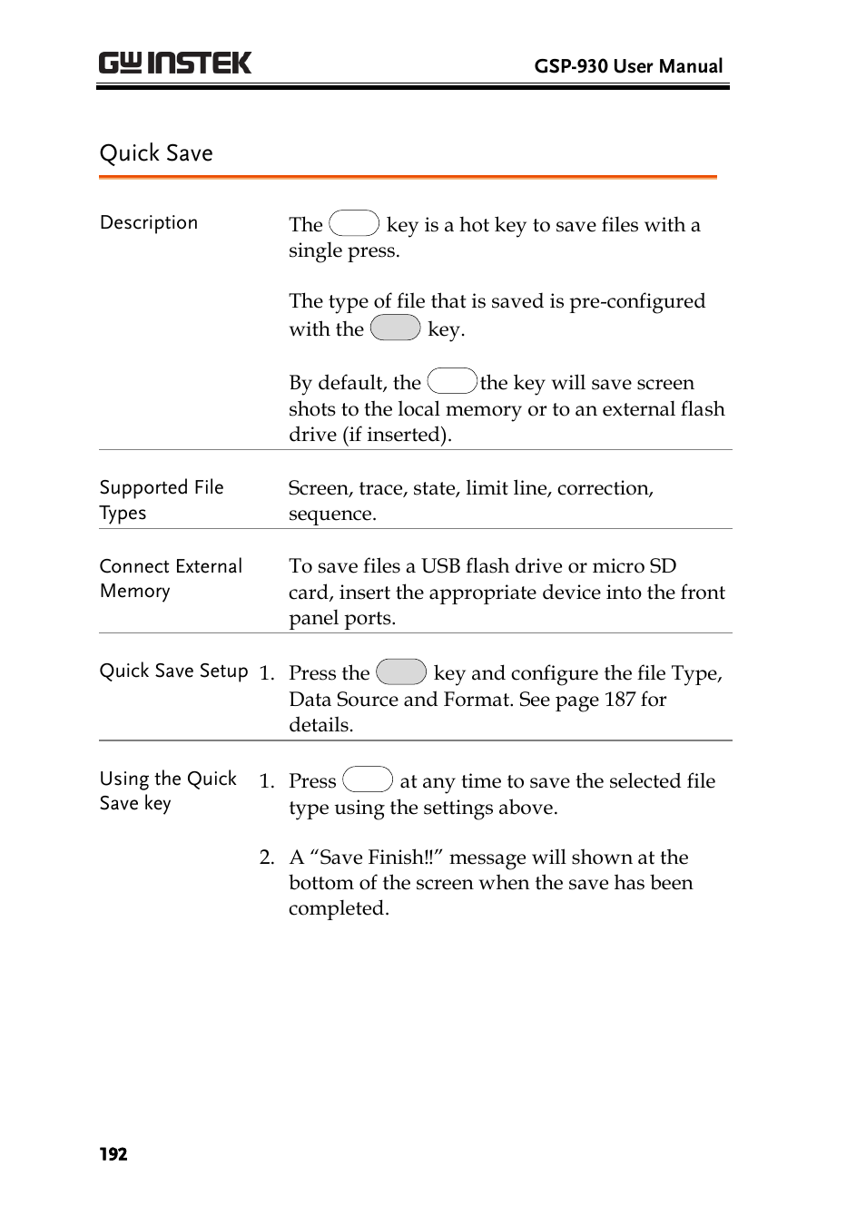 Quick save, Ge 192 | GW Instek GSP-930 User Manual User Manual | Page 194 / 255