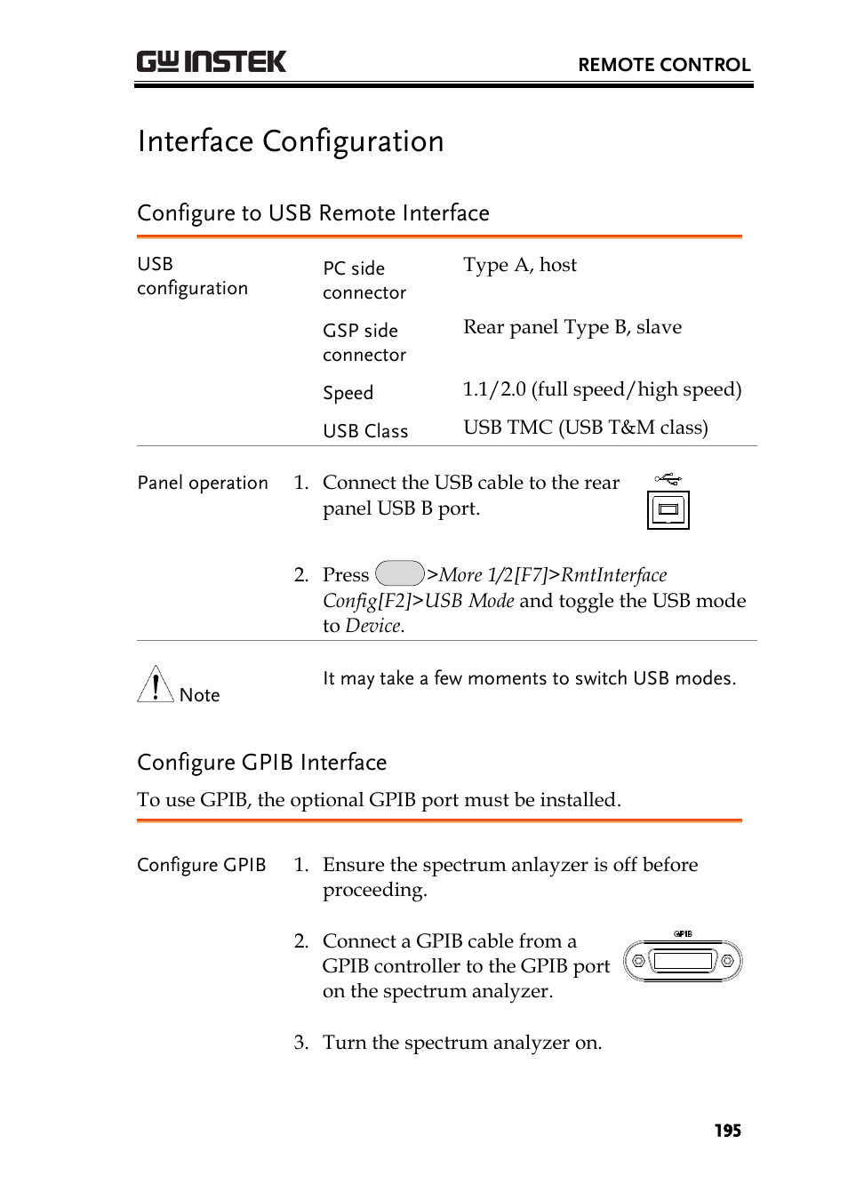 Interface configuration, Configure to usb remote interface, Configure gpib interface | GW Instek GSP-930 User Manual User Manual | Page 197 / 255