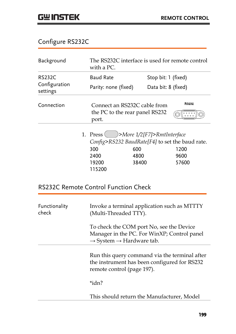 Configure rs232c, Rs232c remote control function check | GW Instek GSP-930 User Manual User Manual | Page 201 / 255