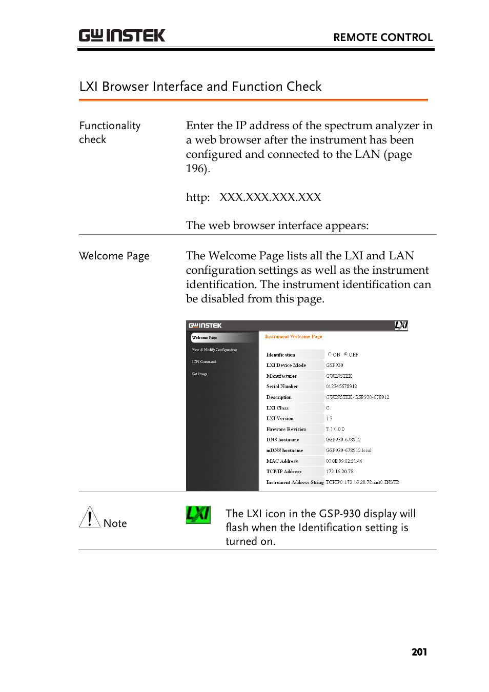 Lxi browser interface and function check | GW Instek GSP-930 User Manual User Manual | Page 203 / 255