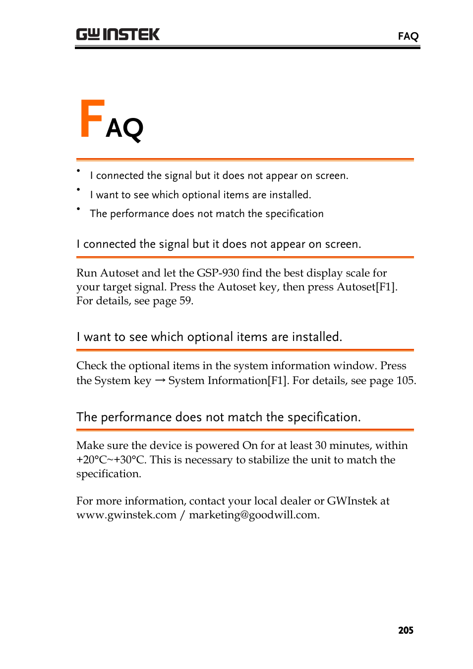 I want to see which optional items are installed, The performance does not match the specification | GW Instek GSP-930 User Manual User Manual | Page 207 / 255