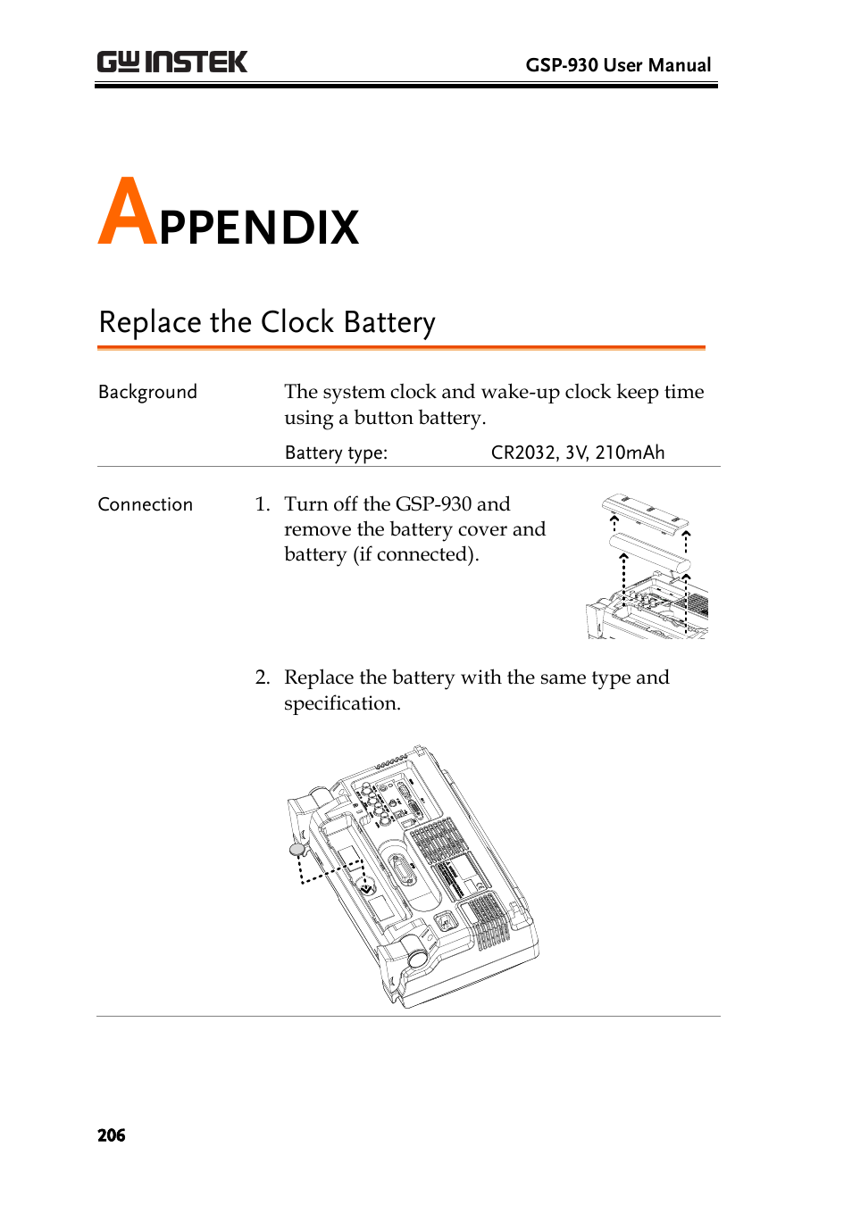 Appendix, Replace the clock battery, Ppendix | GW Instek GSP-930 User Manual User Manual | Page 208 / 255