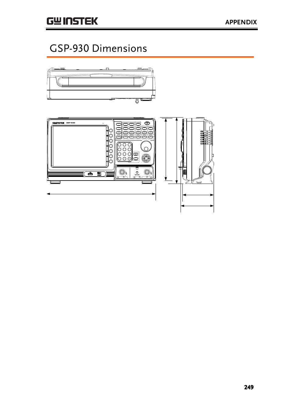 Gsp-930 dimensions, Appendix, Unit: mm | GW Instek GSP-930 User Manual User Manual | Page 251 / 255