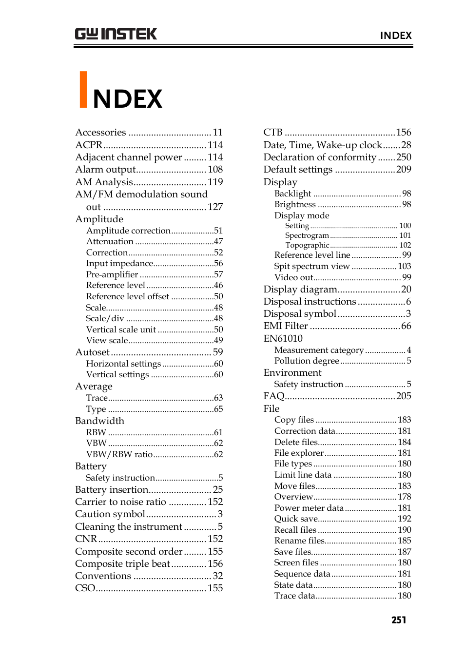 Index, Ndex | GW Instek GSP-930 User Manual User Manual | Page 253 / 255