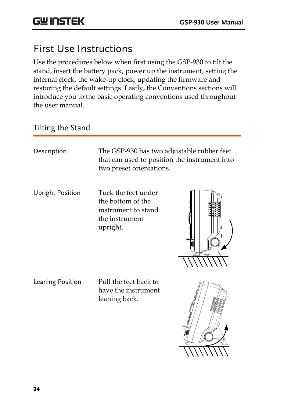 First use instructions, Tilting the stand | GW Instek GSP-930 User Manual User Manual | Page 26 / 255