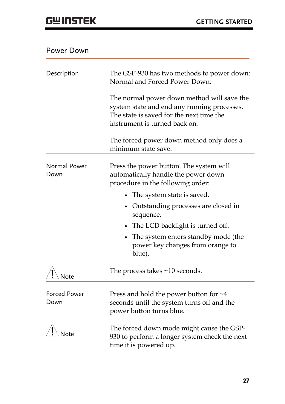 Power down | GW Instek GSP-930 User Manual User Manual | Page 29 / 255