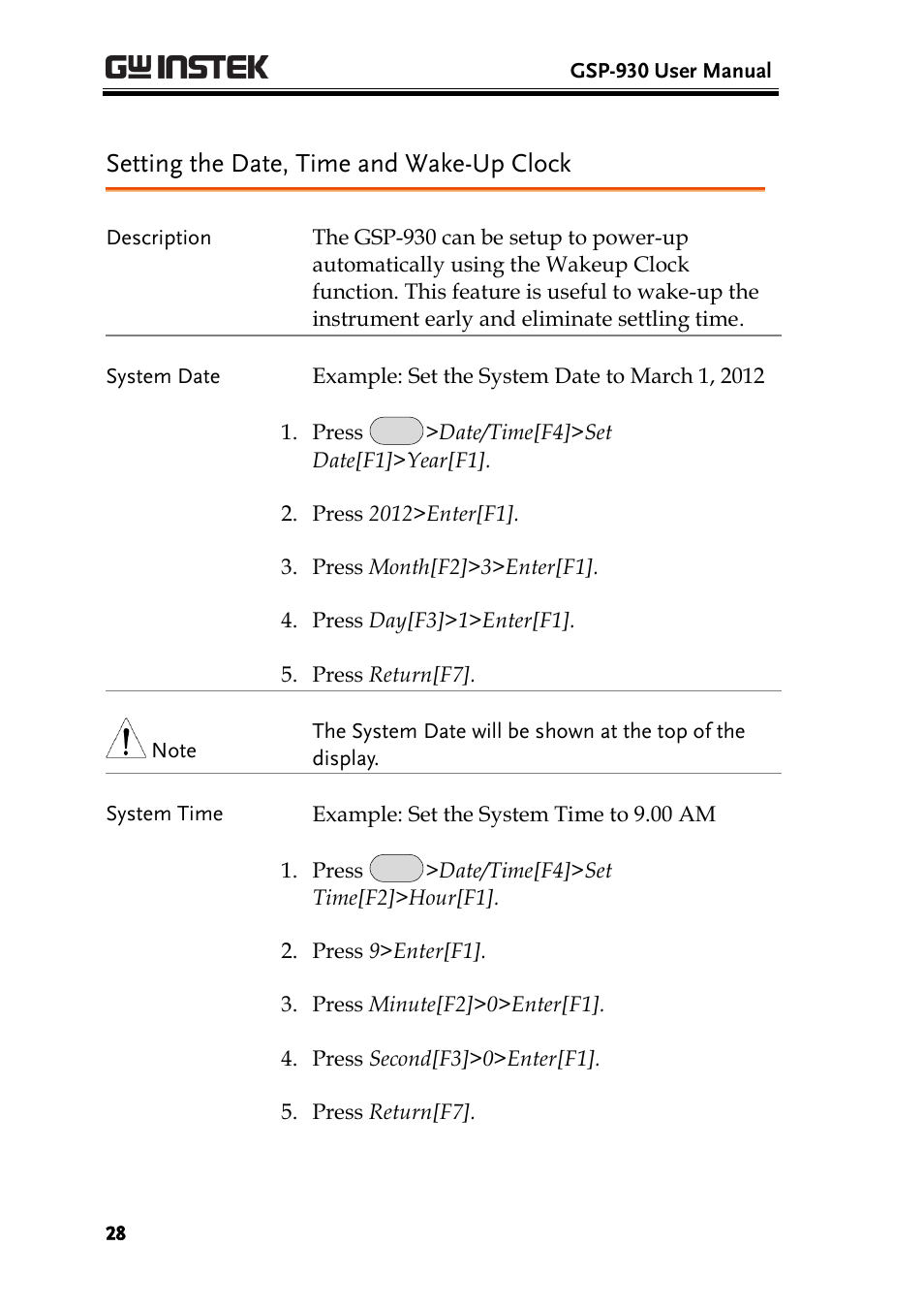 Setting the date, time and wake-up clock | GW Instek GSP-930 User Manual User Manual | Page 30 / 255