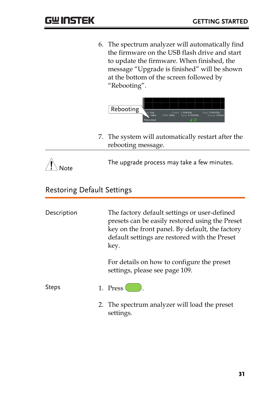 Restoring default settings | GW Instek GSP-930 User Manual User Manual | Page 33 / 255