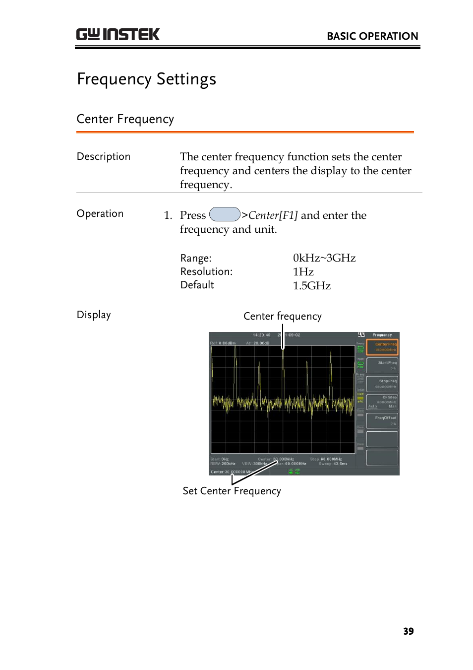 Frequency settings, Center frequency | GW Instek GSP-930 User Manual User Manual | Page 41 / 255