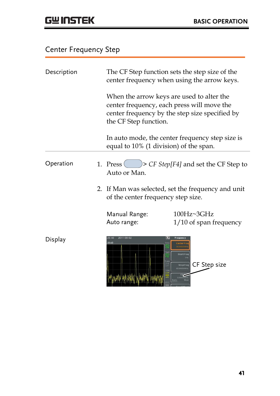 Center frequency step | GW Instek GSP-930 User Manual User Manual | Page 43 / 255