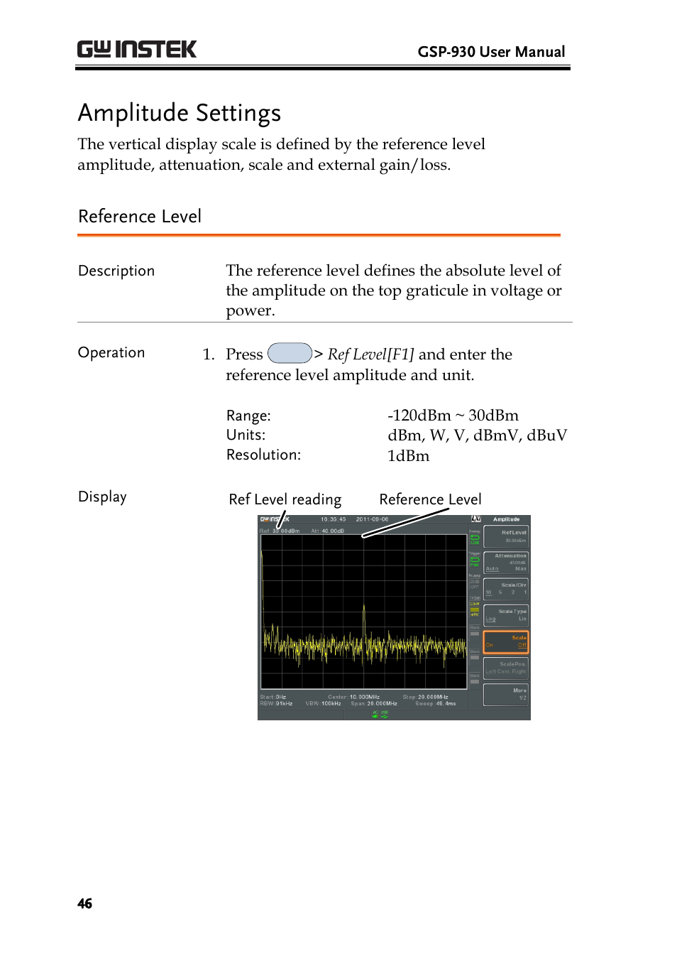 Amplitude settings, Reference level | GW Instek GSP-930 User Manual User Manual | Page 48 / 255