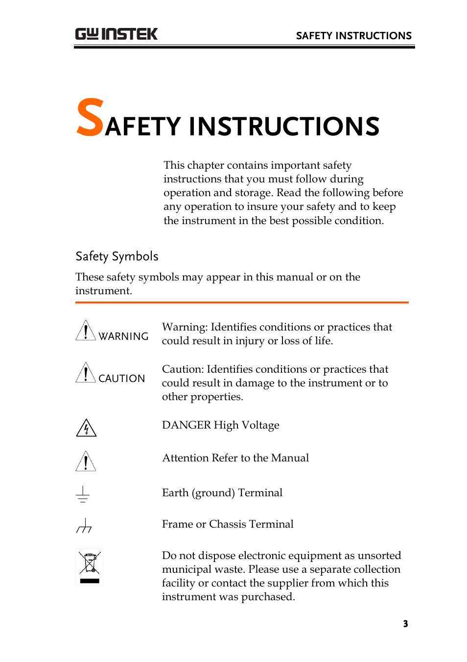 Safety instructions, Safety symbols, Afety instructions | GW Instek GSP-930 User Manual User Manual | Page 5 / 255