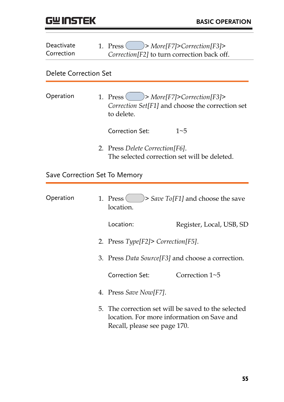 Delete correction set, Save correction set to memory | GW Instek GSP-930 User Manual User Manual | Page 57 / 255