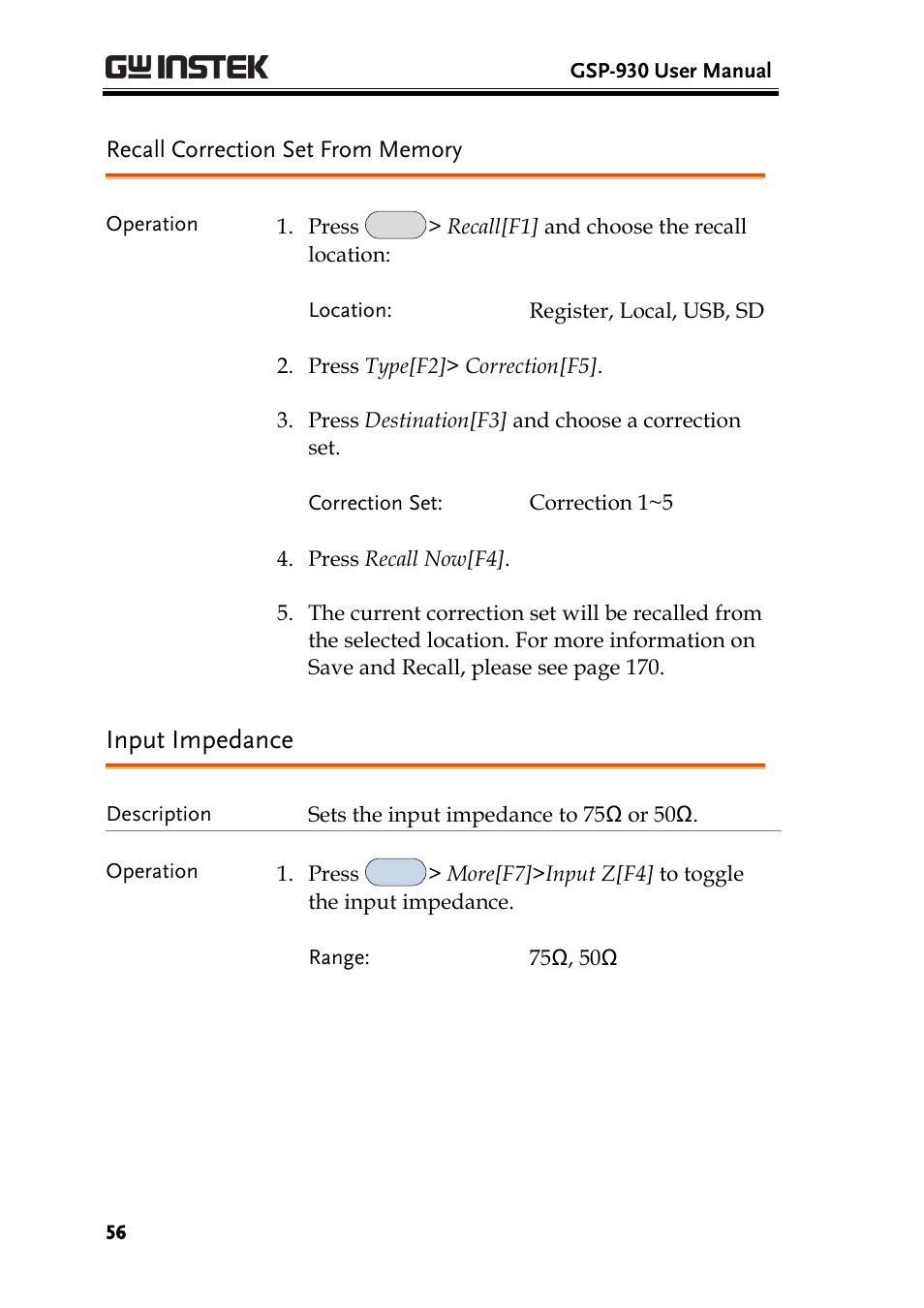 Recall correction set from memory, Input impedance | GW Instek GSP-930 User Manual User Manual | Page 58 / 255