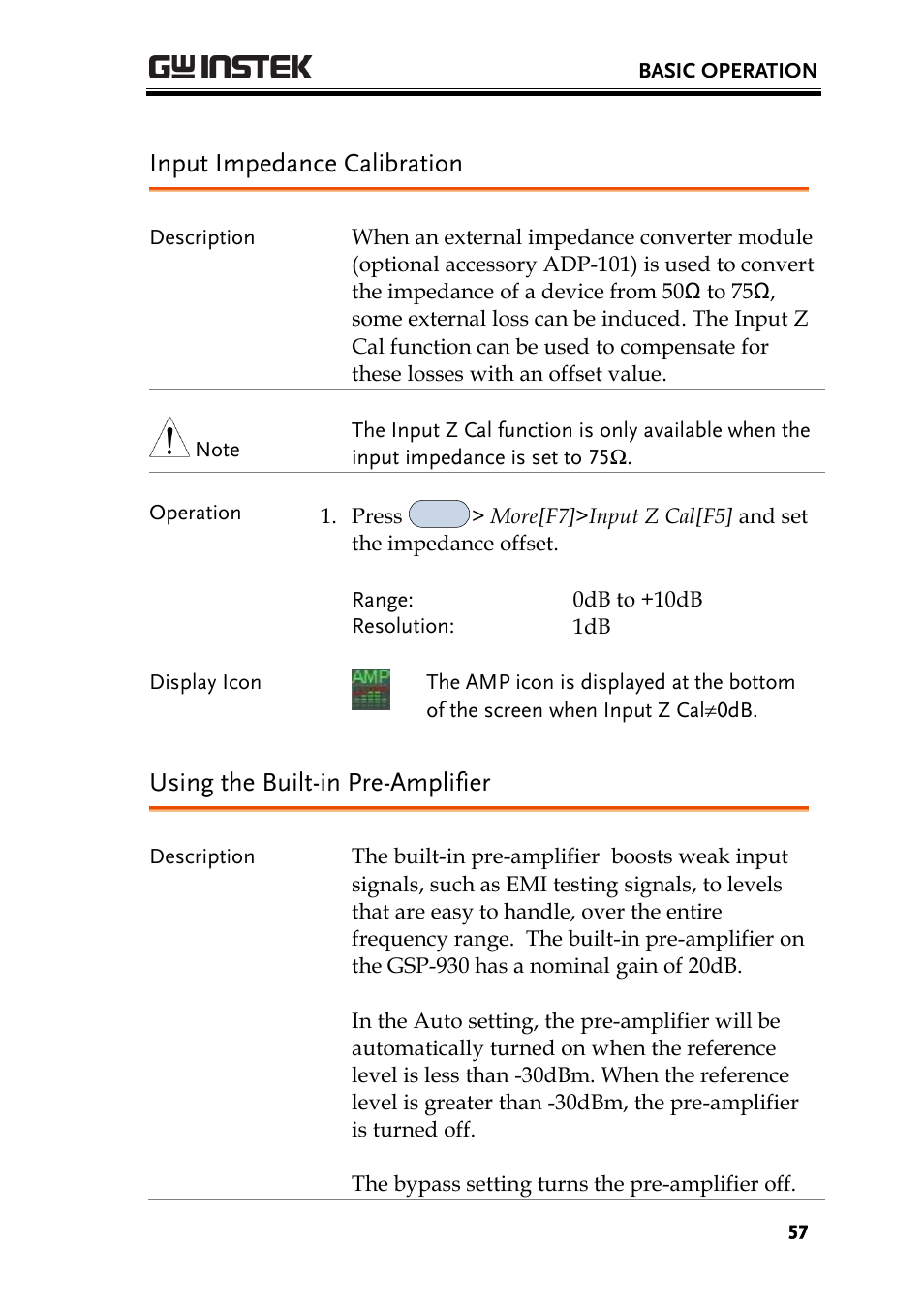 Input impedance calibration, Using the built-in pre-amplifier | GW Instek GSP-930 User Manual User Manual | Page 59 / 255