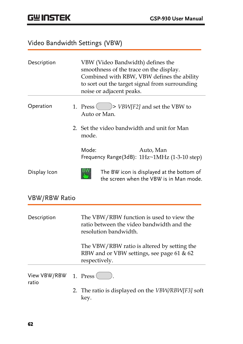Video bandwidth settings (vbw), Vbw/rbw ratio | GW Instek GSP-930 User Manual User Manual | Page 64 / 255