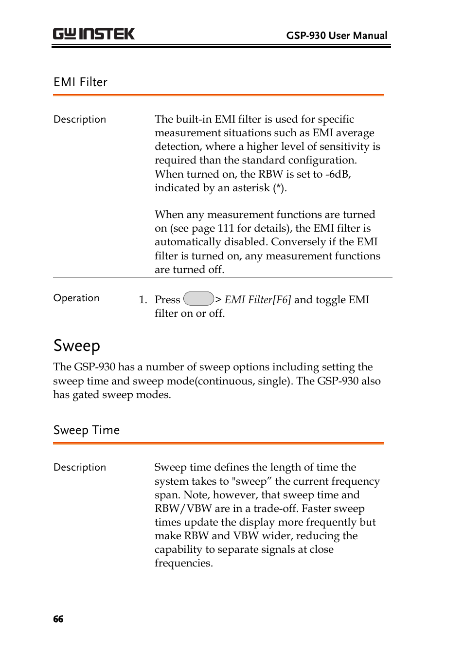 Emi filter, Sweep, Sweep time | Ge 66 | GW Instek GSP-930 User Manual User Manual | Page 68 / 255