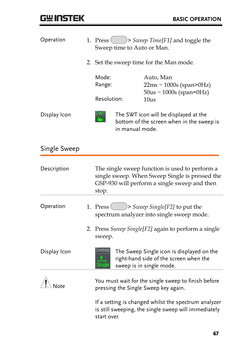 Single sweep | GW Instek GSP-930 User Manual User Manual | Page 69 / 255