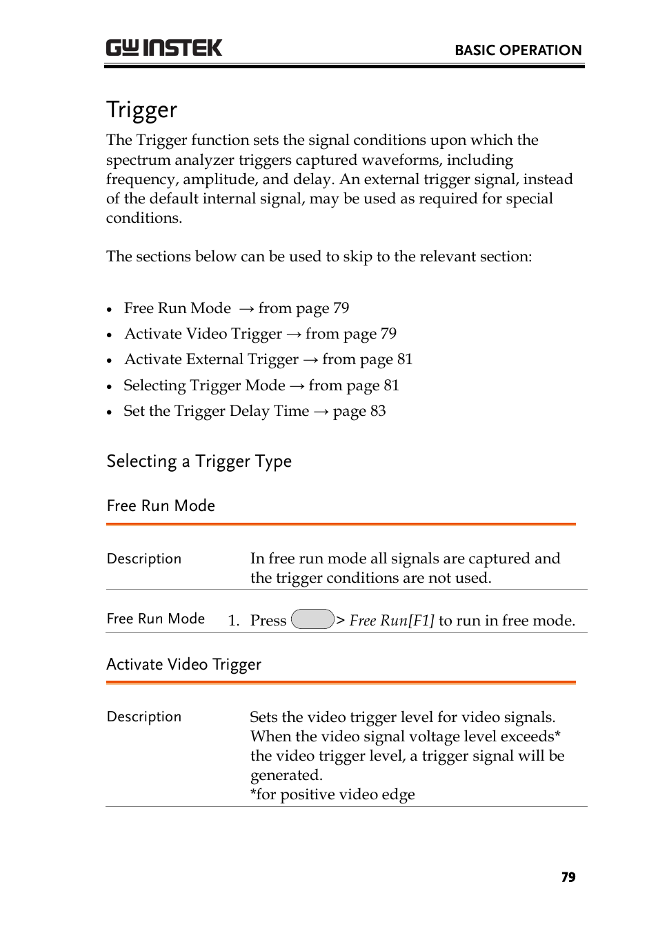 Trigger, Selecting a trigger type, Free run mode | Activate video trigger, Ge 79 | GW Instek GSP-930 User Manual User Manual | Page 81 / 255