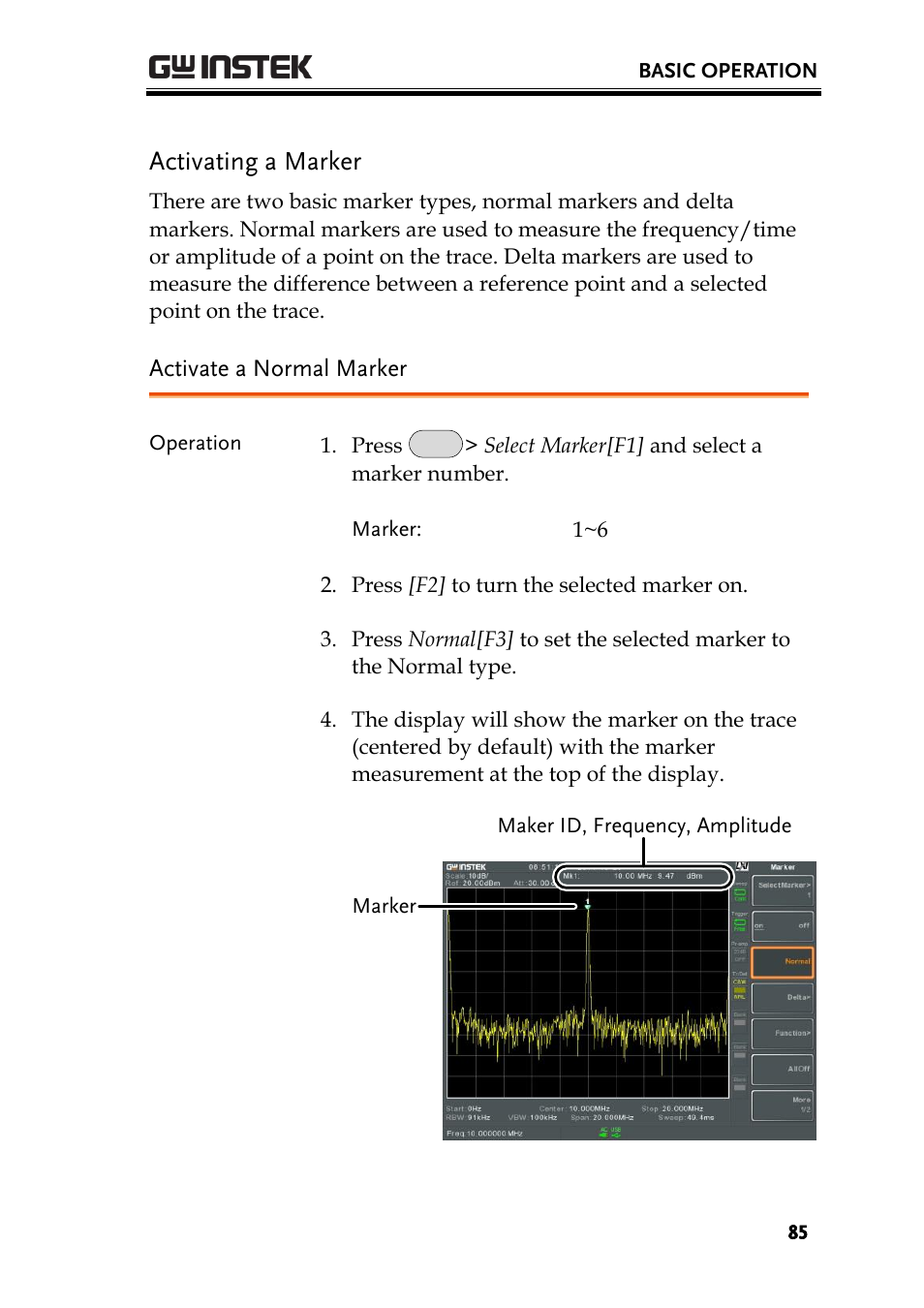 Activating a marker, Activate a normal marker, Ge 85 | GW Instek GSP-930 User Manual User Manual | Page 87 / 255
