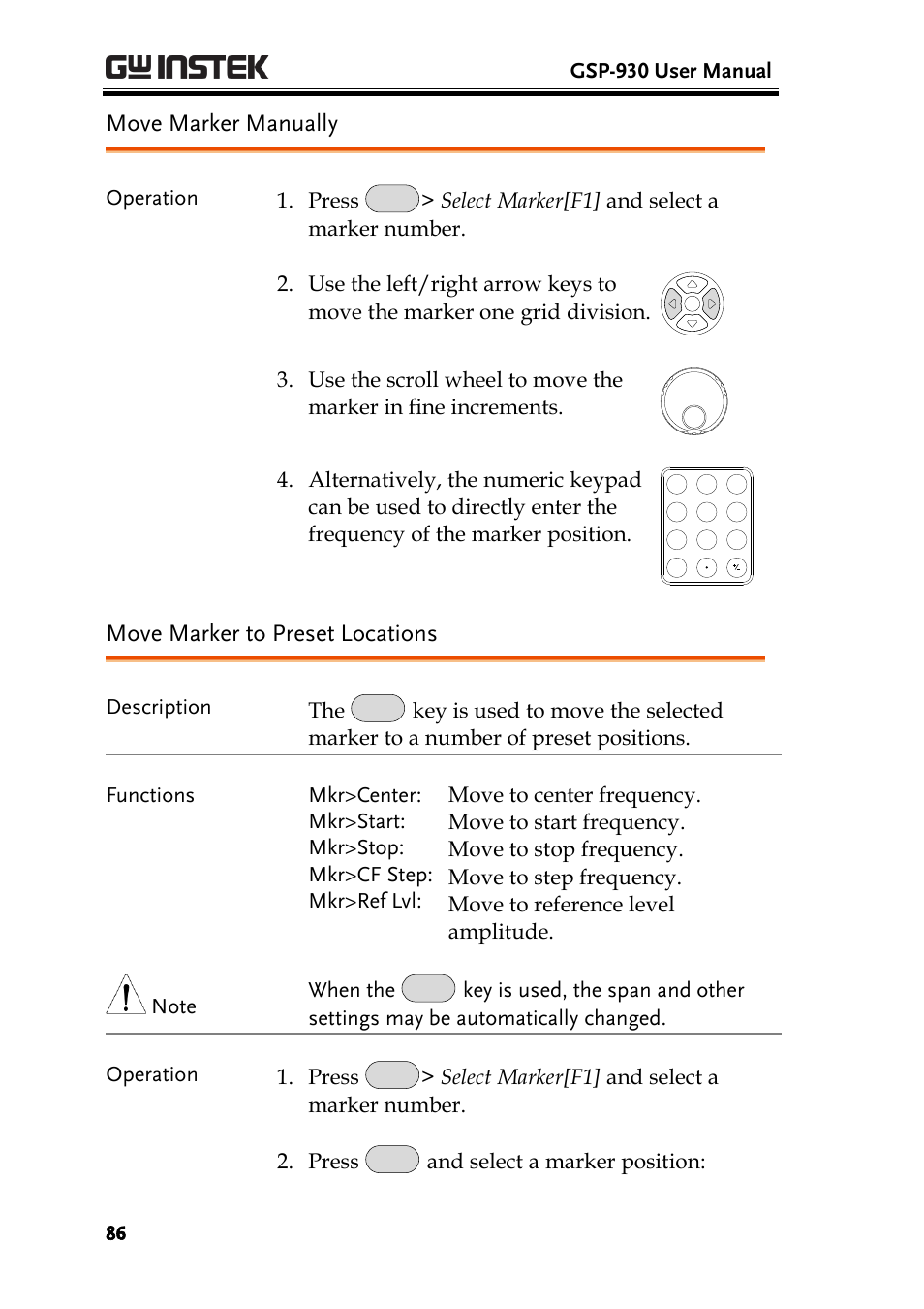 Move marker manually, Move marker to preset locations, Ge 86 | Gsp-930 user manual, Operation 1. press, Description the, And select a marker position | GW Instek GSP-930 User Manual User Manual | Page 88 / 255