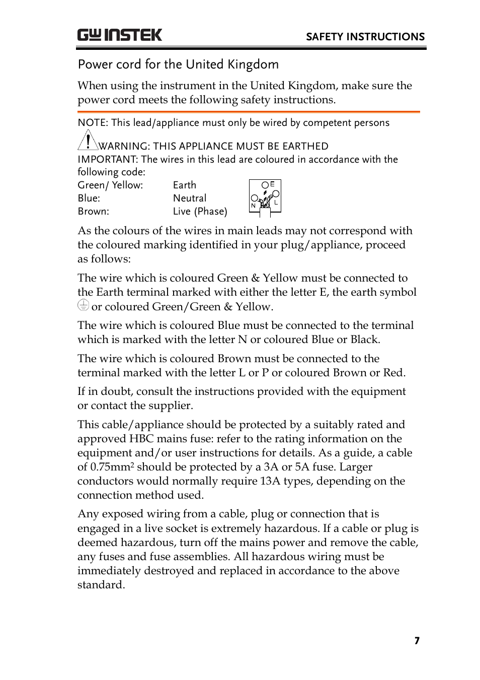 Power cord for the united kingdom | GW Instek GSP-930 User Manual User Manual | Page 9 / 255